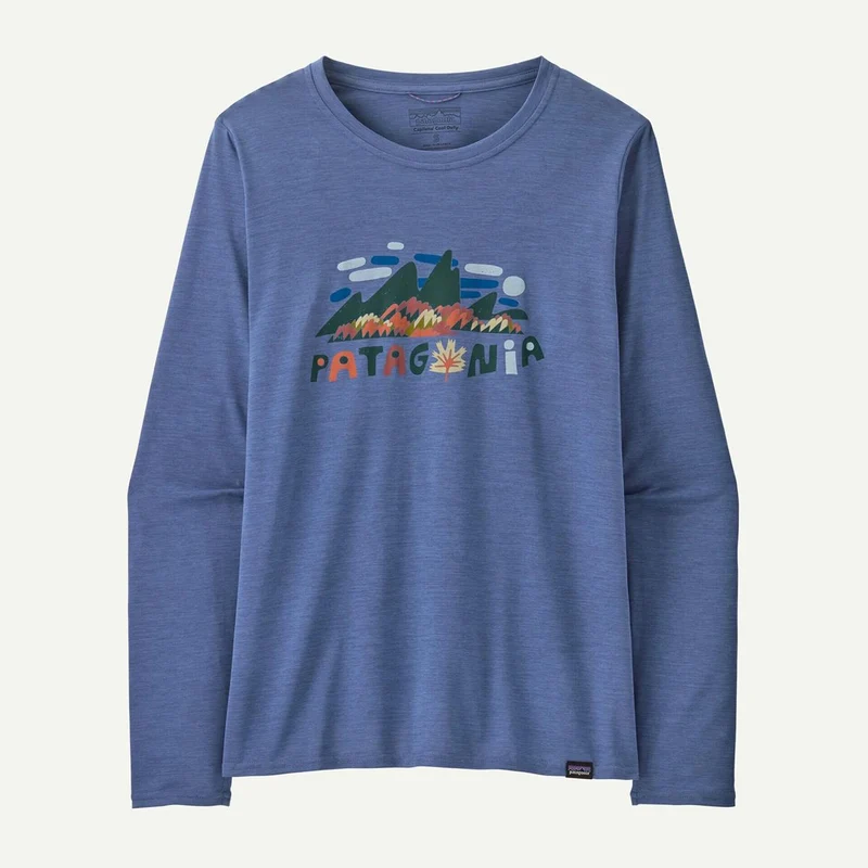 Patagonia Damen Long-Sleeved Capilene Cool Daily Graphic Shirt Fitz Roy Foliage: Current Blue X-Dye