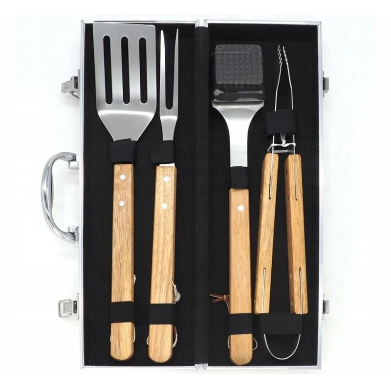 4-Teiliges Grillbesteck im Koffer Grillbesteck-Set Grillzubehör aus Edestahl und Holzgriffen Zange Reinigungsbürste Spatel Fleischgabel